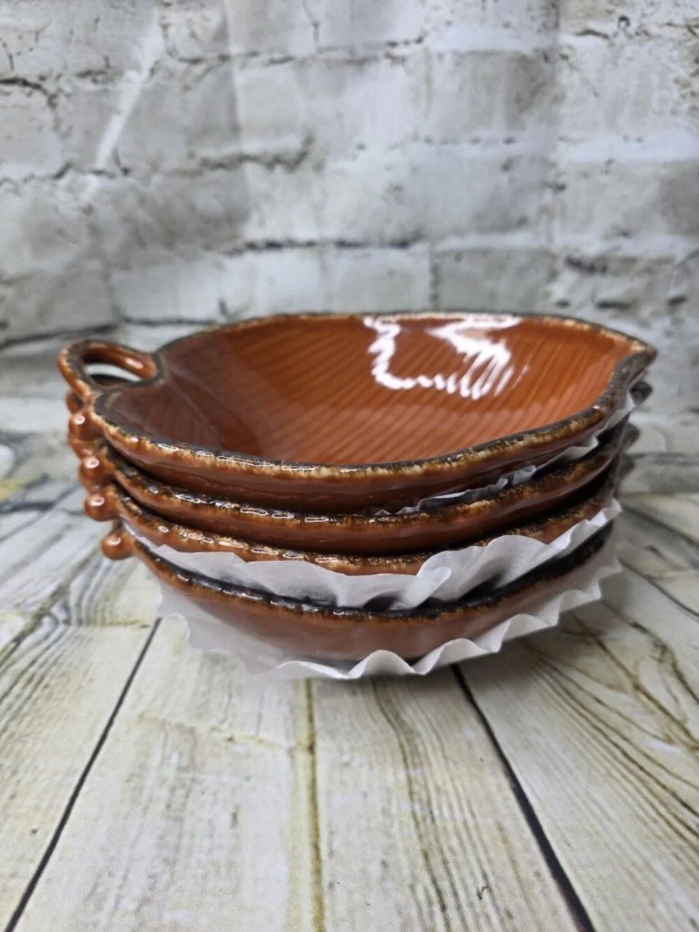 4 Leaf Shaped Hand Painted Crafted Ceramic Bowl Burnt Orange Rough Glazed Finish